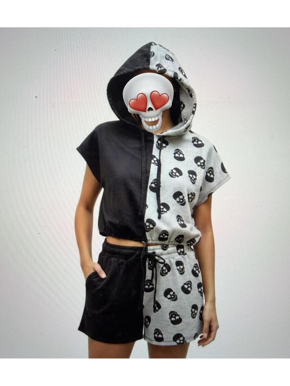 OUTFIT 2 PIECE Two-Tone Skull Print Hooded Crop Top and Shorts Set SIZE MED 7 9
